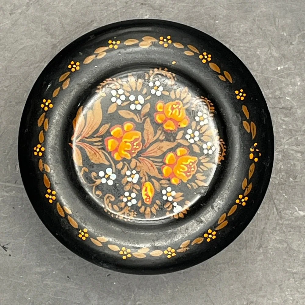Vtg‎ Small Soviet Hand Painted Black Metal Trinket Box Floral 2.5